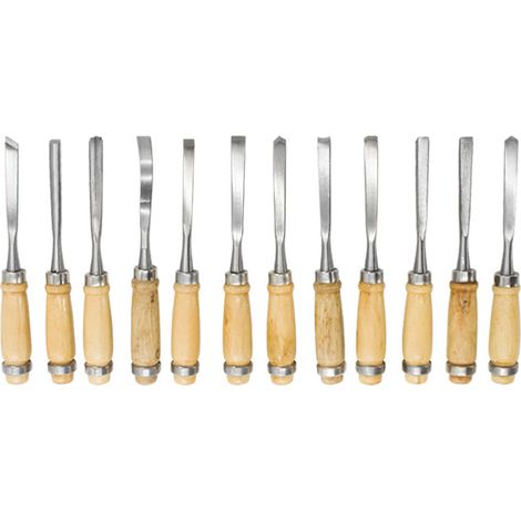 Ensemble de 12 outils de sculpture sur bois, comprenant des ciseaux à bois, des ciseaux à bois à main et des couteaux à sculpter. (1/4)