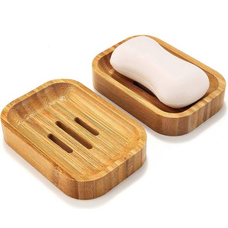 Ensemble de 2 porte-savons en bambou naturel pour salle de bain et cuisine, accessoires de rangement pour éponges (1/5)