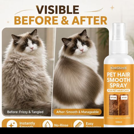 KineShineX Fellglättungsspray für Haustiere, kein Ausspülen erforderlich, glättet, entwirrt, verleiht Volumen und Glanz. Geeignet für Katzen und Hunde. (1/4)