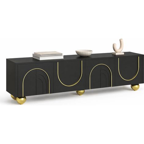 Mobile TV basso con 4 ante, decorazioni dorate ad arco, 5 gambe rotonde dorate, ripiani interni e apertura push-to-open, nero, 170 cm  CHICFURN (1/5)
