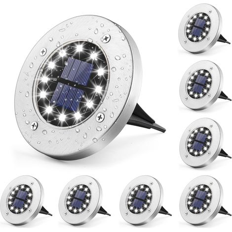 Lot de 8 lampes solaires de sol pour jardin, 12 LED, blanc, en acier inoxydable, étanche, pour extérieur, jardin, terrasse,pelouse, cour, allée (1/5)