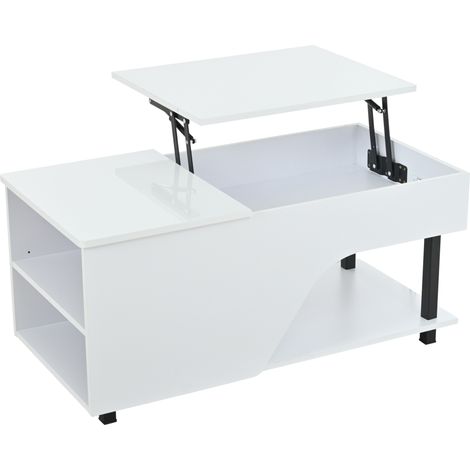 Mesa de centro elevable 50 x 100 x 46 cm con almacenaje oculto, blanca, HOMVRA (1/5)