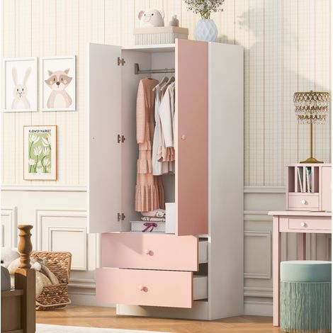 Armario 70 x 40 x 170 cm con barra y 2 cajones, rosa/blanco OKMYHOME (1/5)