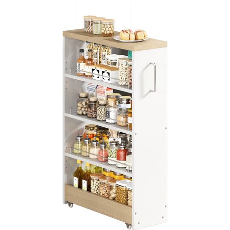 Chariot de rangement étroit sur roulettes avec 4 étagères réglables, 55x16x85 cm, blanc et effet bois, pour cuisine et salle de bain (1/5)