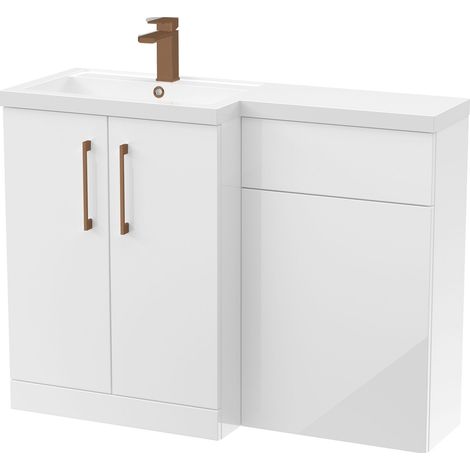 Balterley Left-Hand Bathroom Vanity and WC Unit Combination with Basin - 1100mm - Gloss White with Brushed Bronze Handles