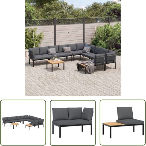 The Living Store 7-tlg. Garten-Sofagarnitur mit Kissen Schwarz Aluminium - Gartensorgsgarnitur - Outdoor Möbel - Gartenstuhl - Gartenbank - Esszimmerset