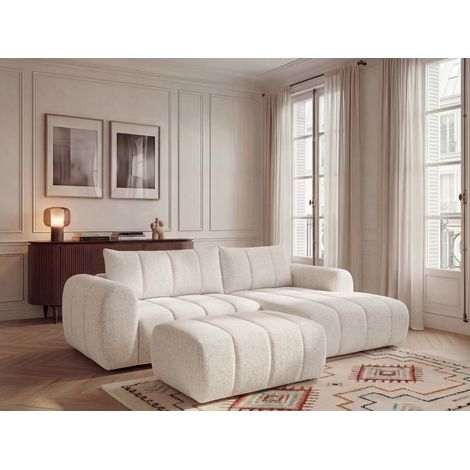 BOBOCHIC - Canapé d'angle fixe NESTY tissu chiné avec pouf Angle droit  Beige