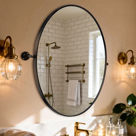 Pivoting Bathroom Mirror Aluminum Framed Oval Tilting Wall Mounted Mirror Black