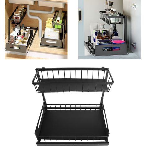 Organisateur Sous Évier à Système Glissant 2 Étagères, L-Bracket Organisateur pour Évier et Armoire Kitchen & Bathroom, Noir - Matériel Acier, Dimension Approx. 36.5x27x26.5cm (1/5)
