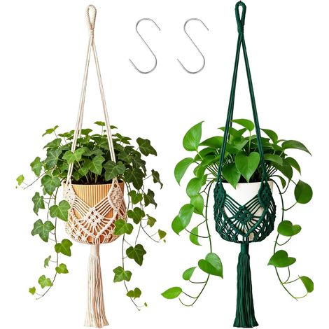 2 Pièces Suspension Macramé pour Plante, Suspension Plante intérieure, Panier en Corde de Coton à Suspendre de Fleurs en pour Décoration Intérieure, Cuisine et Bureau Style Boho (1/5)