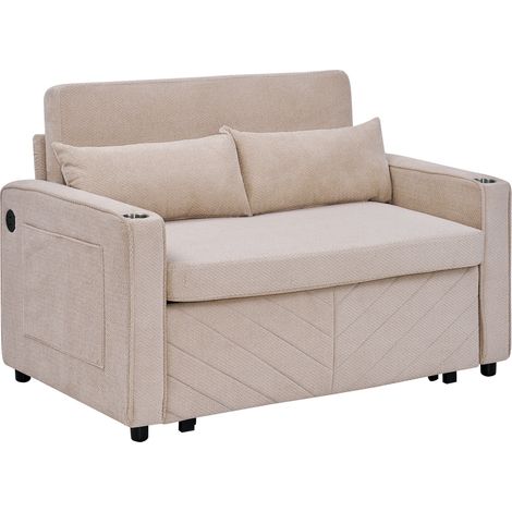 ELVMI Sofá Convertible 2 Plazas con Puerto USB, Diseño Deslizante 3 en 1 en Madera y Tela, Beige (1/5)