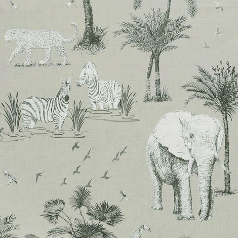 Safari Lagoon Themed Wallpaper Grey Zebra Tiger Elephant Smooth Finish (1/4)