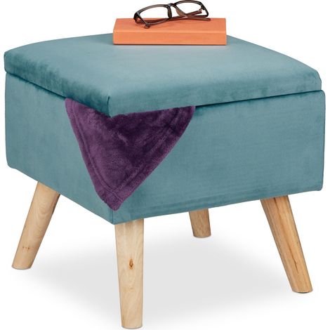 Relaxdays Velvet Stool with Storage Space, Upholstered, Angular, Wooden Legs, Living Room, HWD: 40x40x40 cm, Turquoise
