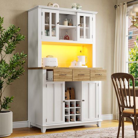 Aparador alto, aparador blanco con estantes ajustables, iluminación LED, 3 cajones de madera, para cocina, salón (1/5)