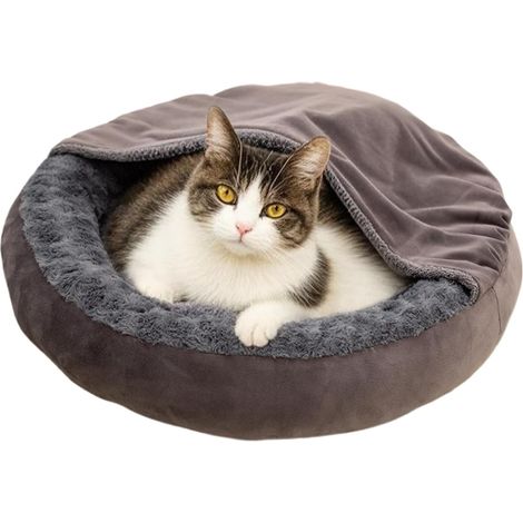 Petit pour Chien, Lit pour Chat avec Couverture à Capuche, Lit Rond en (1/5)