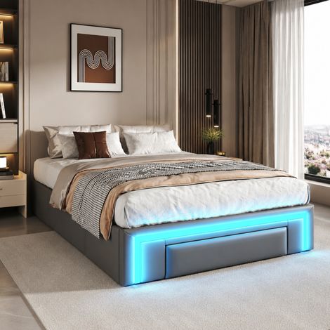 Cama 90 x 200 cm con cajones, LED y sin cabecero, gris HAVRYA (1/5)