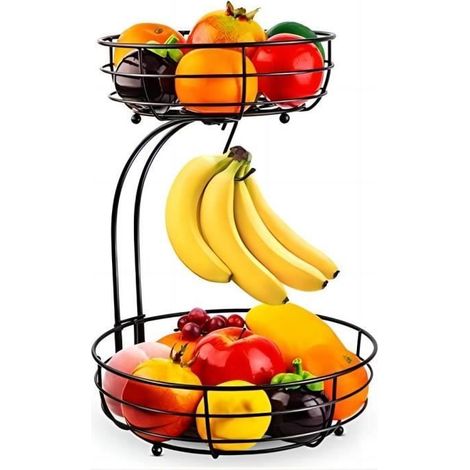 Corbeille fruits 2 étages – Panier amovible, support banane – Métal – Cuisine, salon (1/4)