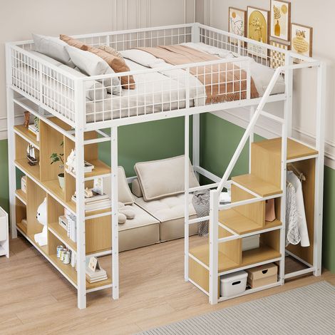 Letto rialzato adulto 140x200 cm con vano portaoggetti, ripiani, scala e armadio aperto, in metallo bianco, materasso non incluso (1/5)