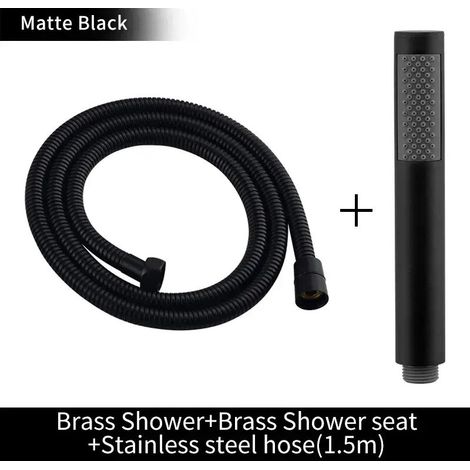 Ensemble complet noir : pommeau de douche à main en laiton doré brossé, douchette de bain noire mate, pommeau de douche effet pluie blanc, finition chromée économique. (1/4)