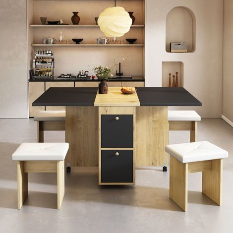 Essgruppe mit Esstisch und 4 Stühlen, 120 x 80 x 75 cm, klappbarer und ausziehbarer platzsparender Esstisch für Küche und Wohnzimmer, Weiß, Eiche und Schwarz (1/5)