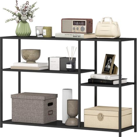 Console, table d'entrée à 4 étagères, table d'appoint avec structure en acier, étagère métallique pour petits espaces, entrée, couloir, salon, 110 x 30 x 75 cm, noire