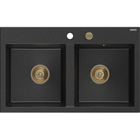 Mexen Hektor évier en granit 2 bacs 800 x 480 mm, noir/argent métallisé, siphon doré - 6521802000-73-G (1/5)