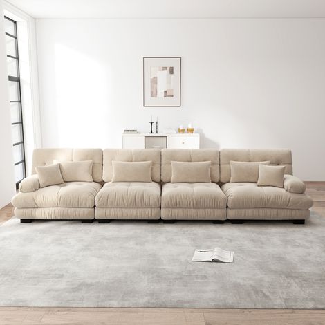 Modulares 4-Sitzer-Sofa, Chenille-Stoff, Massivholzrahmen, Tiefe Sitzfläche, 4 Lendenkissen + 2 Zierkissen, Beige