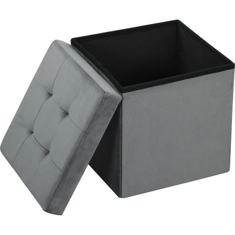 Pouf coffre rangement pliable, tabouret carré 37,6 L en tissu velours, charge 120 Kg, 38 x 38 x 38 cm, gris (1/5)