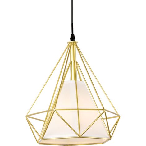 Lustre suspendu en forme de diamant, style industriel rétro, cage en métal, plafonnier de 25 cm, convient pour le salon, le couloir, l'escalier, doré, 1 pièce. (1/5)