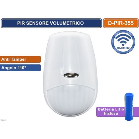SENSORE VOLUMETRICO WIRELESS 868MHZ ANTI TUMPER 110° BATTERIA AL LITIO (1/3)