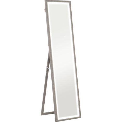 Grand miroir pleine hauteur 160x40 cm, rectangulaire, mural ou sur pied, avec éclairage LED 3 teintes, gris. (1/5)