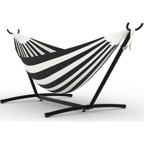 Hamac double avec support – capacité 204 kg, hauteur réglable, toile coton polyester, pliable – jardin, terrasse – Gris/Blanc (1/5)
