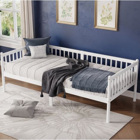 lit banquette 90x200 cm avec barrières 3 côtés et rangement sous lit, structure stable en pin - blanc (1/5)