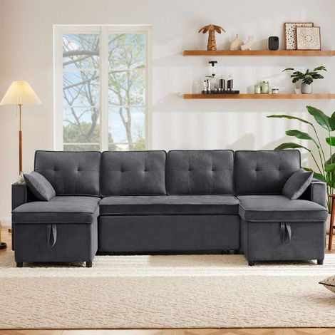 Canapé-lit - KOMHTOM - U 4 places - Tissu coton/lin - Gris - Rangements & porte-gobelets (1/5)