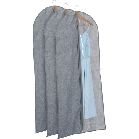 Relaxdays 3x Garment Bag, Clothes Protection with a Zip, 135 x 58 cm, Protective Cover for Suit, Dress, Grey/Transparent (1/5)