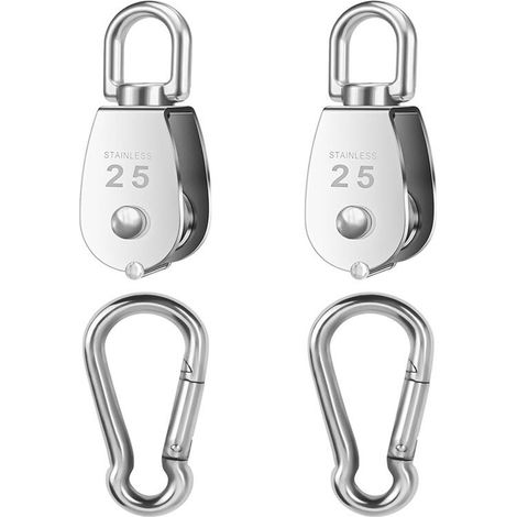 Adecuado para una polea sencilla M25 de acero inoxidable 304 plateado con 2 ganchos de resorte.