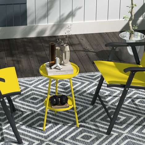 Kleiner runder Beistelltisch mit zwei Ebenen, Gartentisch für Terrasse, Wohnzimmer, Balkon, Metall, Ø 32 x 51 cm, gelb