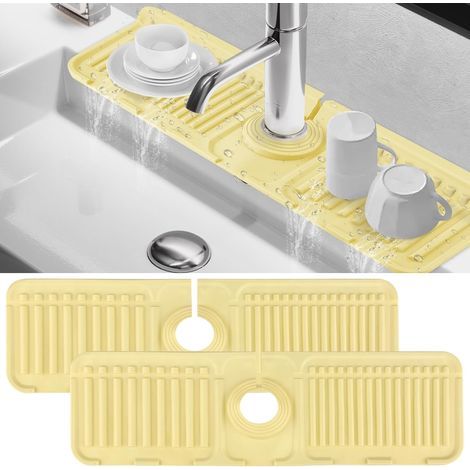 2-Piece Silicone Faucet Mat, 39.5 x 11cm Kitchen Faucet Mat, Silicone Sink Faucet Mat for Kitchen and Bathroom (Beige) (1/5)