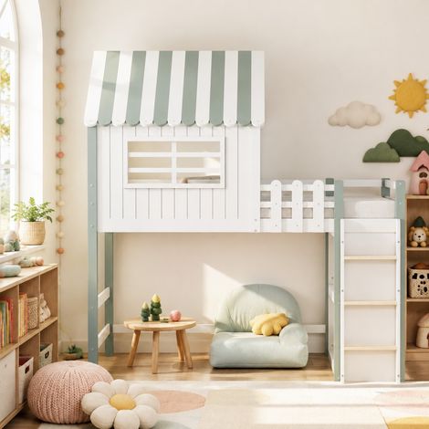 Cama alta infantil 90x200 cm casita con escalera y almacenaje, verde, marco de madera FloraGrace (1/5)