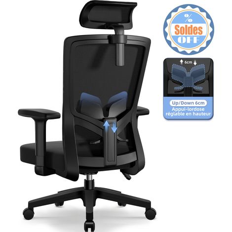Authmic – Chaise de bureau ergonomique inclinable 90-130° – Appuie-tête réglable – Support lombaire – Accoudoirs ajustables – Roues silencieuses (1/5)