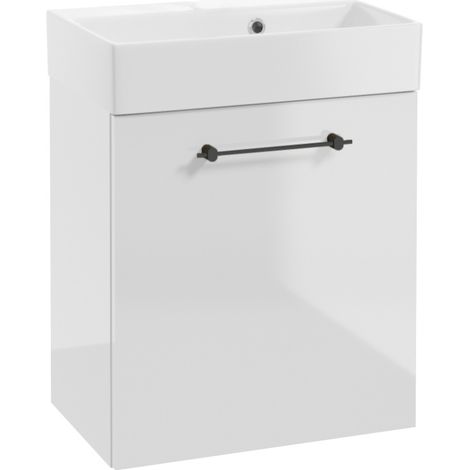 Mueble de ba帽o suspendido con lavabo de 60x50 cm. Blanco brillante, tirador negro. Marca Elara. (1/5)