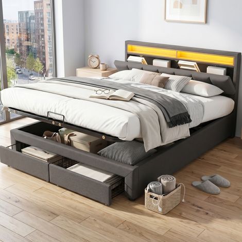 Cama juvenil tapizada con LED, cama con almacenamiento 180x200 cm, estructura de MDF, lino gris oscuro (1/5)