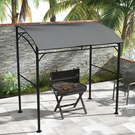 Pabellón para barbacoa, toldo para barbacoa, cubierta para la lluvia, ganchos para utensilios, estructura de acero, gris oscuro, 215 x 150 x 182/220 cm