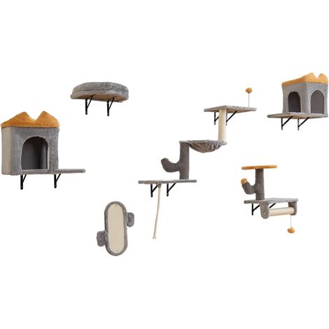 GOPLUS Arbre a Chat Mural avec Hamac Confortable, 2 Griffoirs, 2 Plateformes, Un Pont, 3 Tapis et Un Pompon Suspendu, Arbre à Chat Montage Personnalisée Mural pour Chats pour Salon, Chambre (1/5)