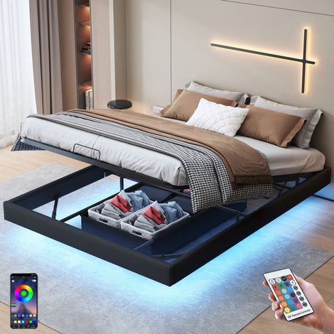 Bett mit Stauraum 160x200 cm, 2 Plätze, ohne Kopfteil, mit LED, Stauraum, lattenrost aus holz, Metallrahmen, Polsterbett aus Kunstleder - Schwarz (1/5)