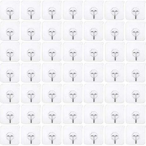50-piece adhesive hooks, no drilling required. Self-adhesive, no-drill hook, transparent wall hook, clear adhesive hook, waterproof door hook, ideal for kitchen and bathroom walls.