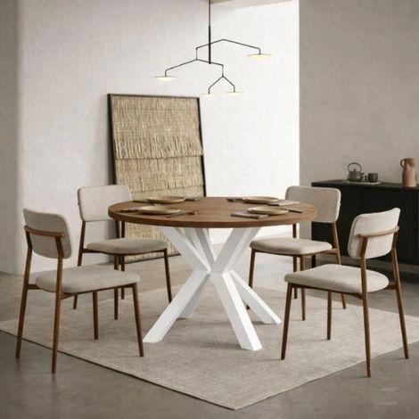 Table de salle à manger ronde extensible RAL avec pieds en bois, style loft, industriel, diamètre : 90 / 140 cm, couleur :Lefkas / blanc (1/5)