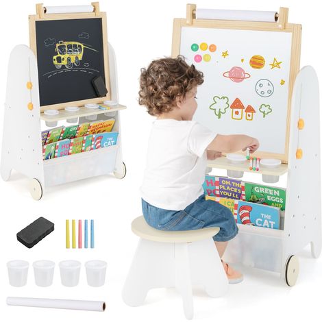 COSTWAY Kids Art Easel 4-in-1 Toddler Activity Table Set w/ Whiteboard Natural (1/5)