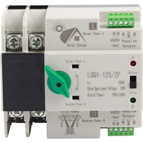 Commutateur transfert automatique double alimentation 2P – Rapide millisecondes – AC230V 100A – Pour photovoltaïque domestique et secours (1/5)