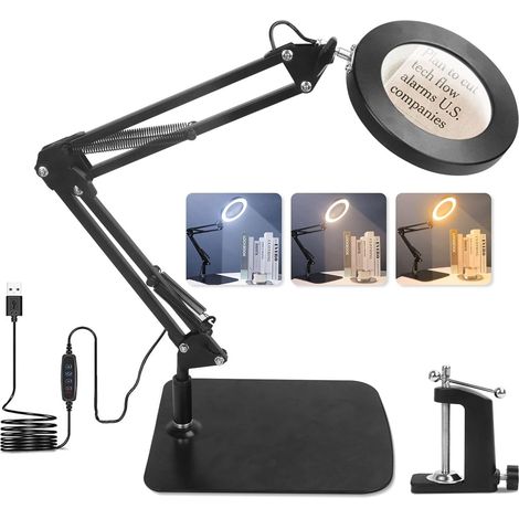 Lampe Loupe 10X Lampe De Bureau Loupe avec Lumière Et Support,OKSANO Loupe De Lecture LED avec Pinces Et Base, Lampe Loupe De Bureau 3 Couleurs 10 Luminosité pour Lecture, Réparation, Artisanat